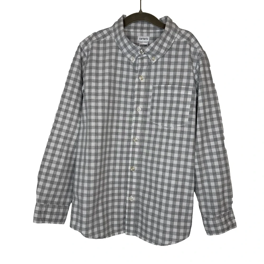 Carter’s Boys Button Down Long Sleeve Shirt Size 10 Gray And White Check